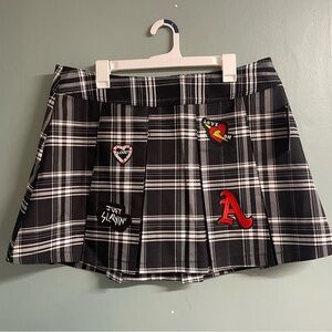 Black and White Plaid Skirt with Patches